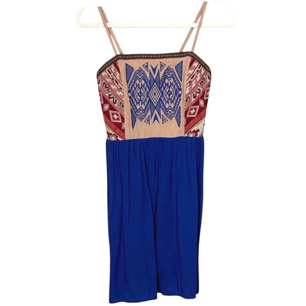 Flying Tomato Boho Tribal Embroidered Smocked Waist‎ Dress Blue Red Size S